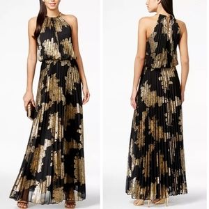 MSK Maxi Black Gold leaf Pleated Halter Maxi Dress